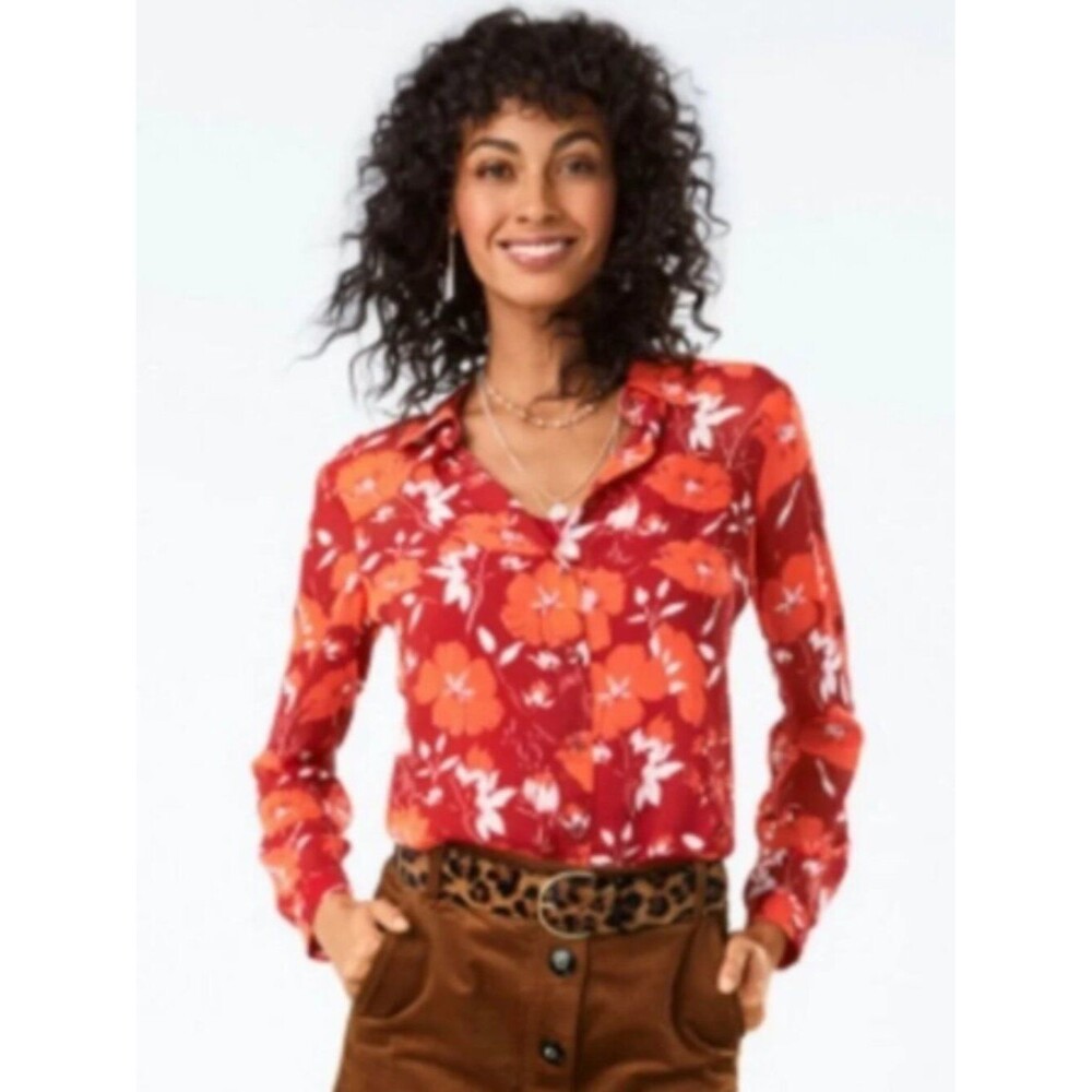 Cabi Size XS Hothouse Scarlet Sheer Floral Print Chiffon Blouse in Red Orange